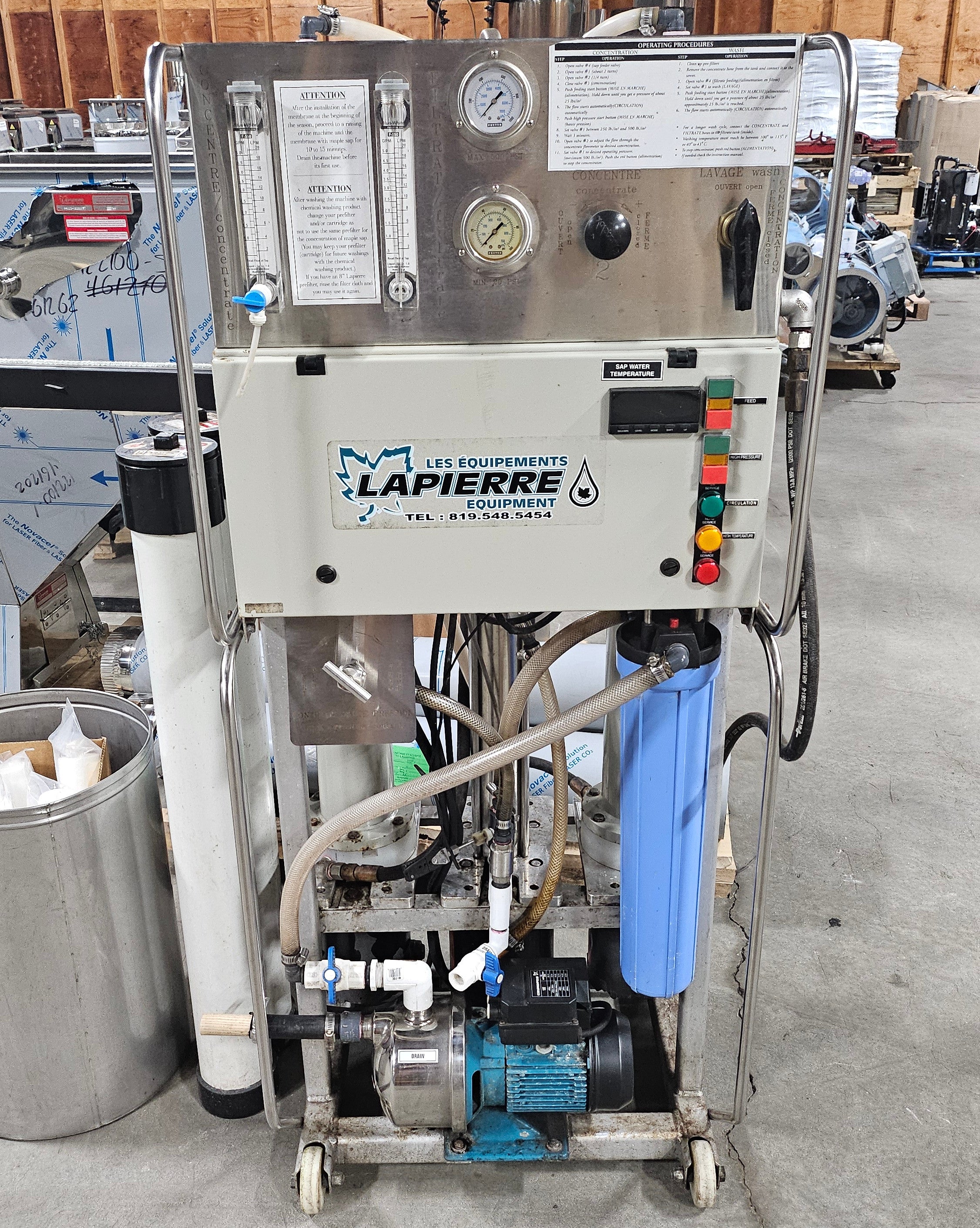 Lapierre RO Machine w/Two 4"x40" Membranes (250 +/- gph) and Two Extra Used Membranes, SS Wash and Prefilters