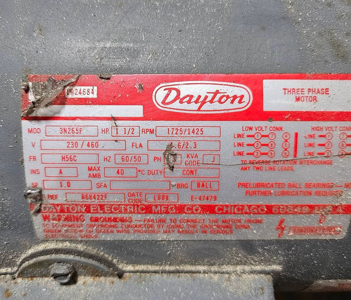 Used Three Phase 1 1/2 hp Dayton Rotary Vane Vacuum Pump