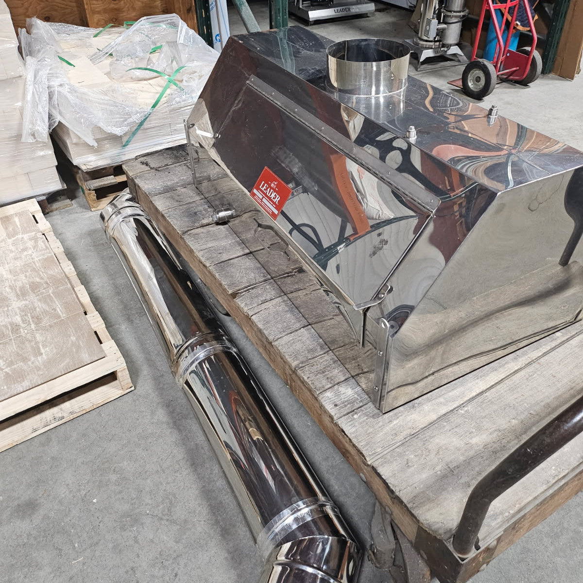 Used 2'x4' Leader Stainless Hood with Stack and 2-8" Elbows