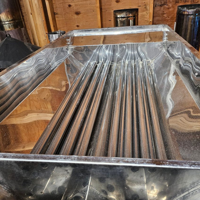 30"x8' Leader Evaporator w/ Lead Free Soldered Raised Flue Pan, Steamaway Pan and Welded Syrup Pan (arch needs repair)