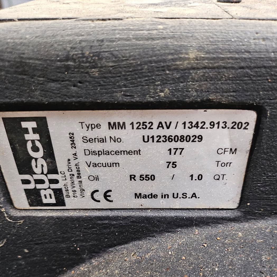Used Busch Vacuum Pump, Model 1252, No Motor (pulls roughly 23") Sold As Is