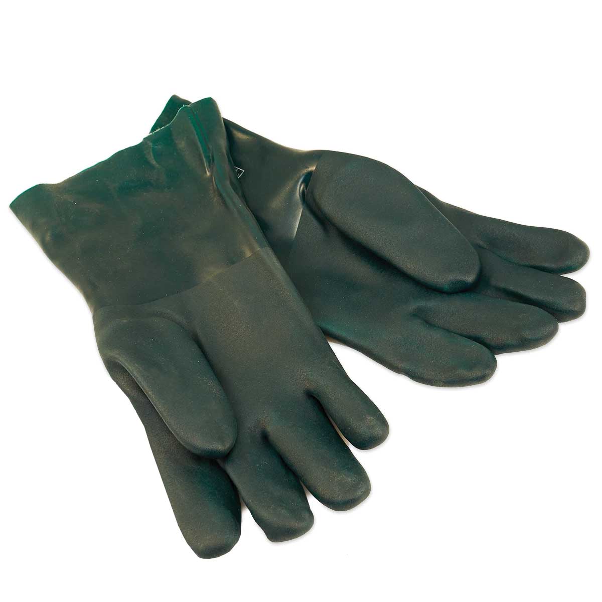 Rubber Gloves for Hot Syrup or Water, 14" from finger tip to end of the cuff. These gloves work great for cleaning a filter press or for cleaning evaporator pans.